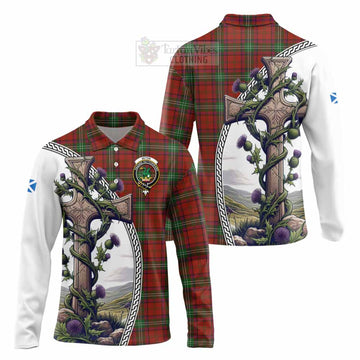 Seton Tartan Long Sleeve Polo Shirt with Family Crest and St. Andrew's Cross Accented by Thistle Vines Unisex - Tartan Vibes Clothing