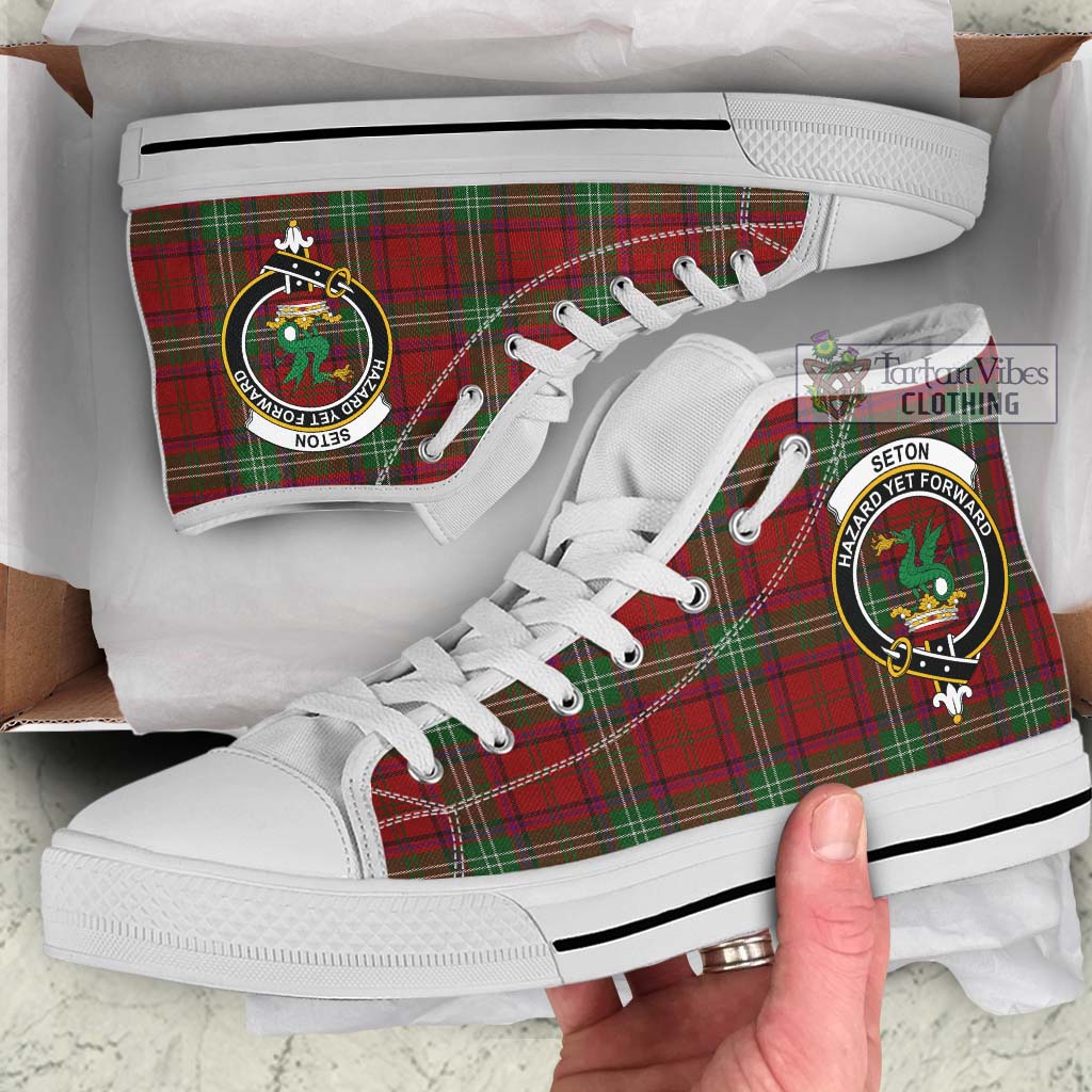Seton Tartan High Top Shoes with Family Crest Kid High Top - White Sole - Tartan Vibes Clothing