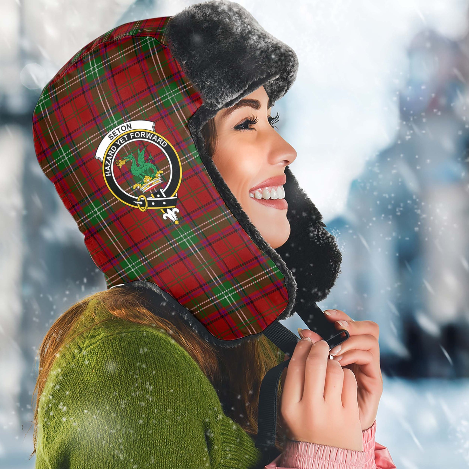 Seton Tartan Winter Trapper Hat with Family Crest Winter Trapper Hat Universal Fit Circumference 22.8in (58cm) - Tartanvibesclothing