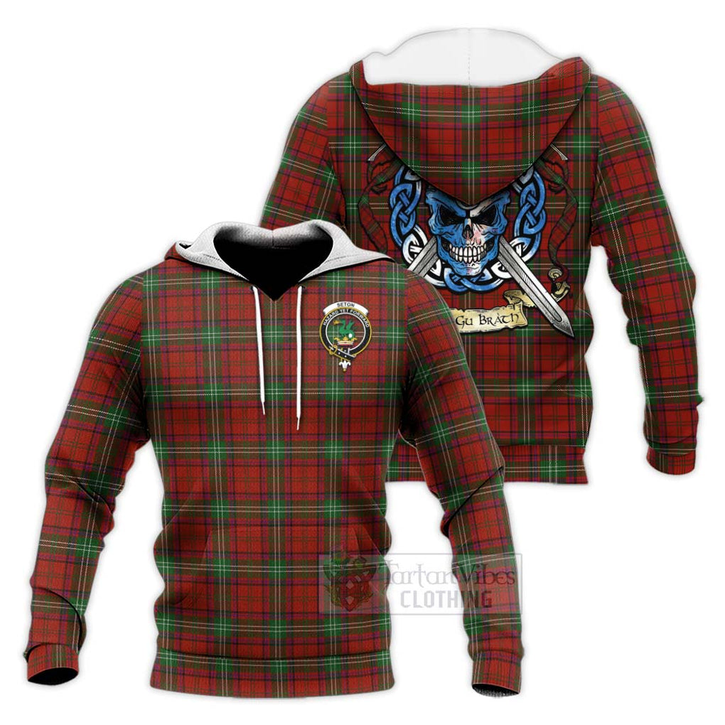 Seton Tartan Knitted Hoodie with Family Crest Celtic Skull Style Unisex Knitted Pullover Hoodie - Tartan Vibes Clothing