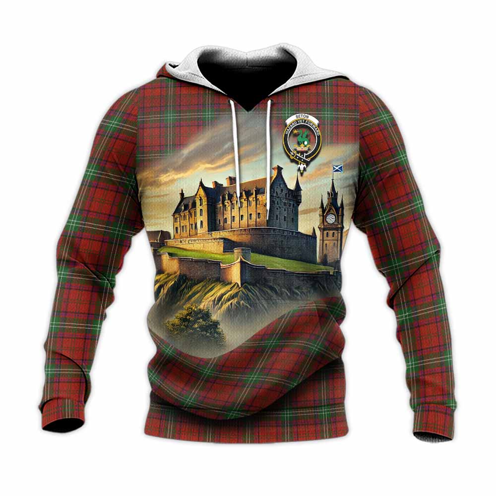 Seton Tartan Family Crest Knitted Hoodie with Scottish Ancient Castle Style Unisex Knitted Pullover Hoodie - Tartan Vibes Clothing