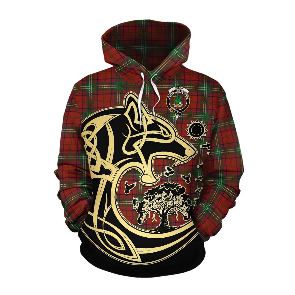 Seton Tartan Cotton Hoodie with Family Crest Celtic Wolf Style Pullover Hoodie XS - Tartan Vibes Clothing