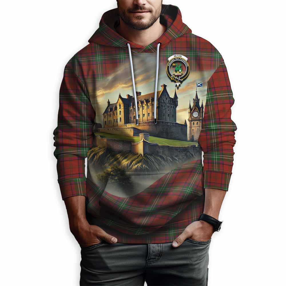 Seton Tartan Family Crest Hoodie with Scottish Ancient Castle Style Pullover Hoodie - Tartan Vibes Clothing