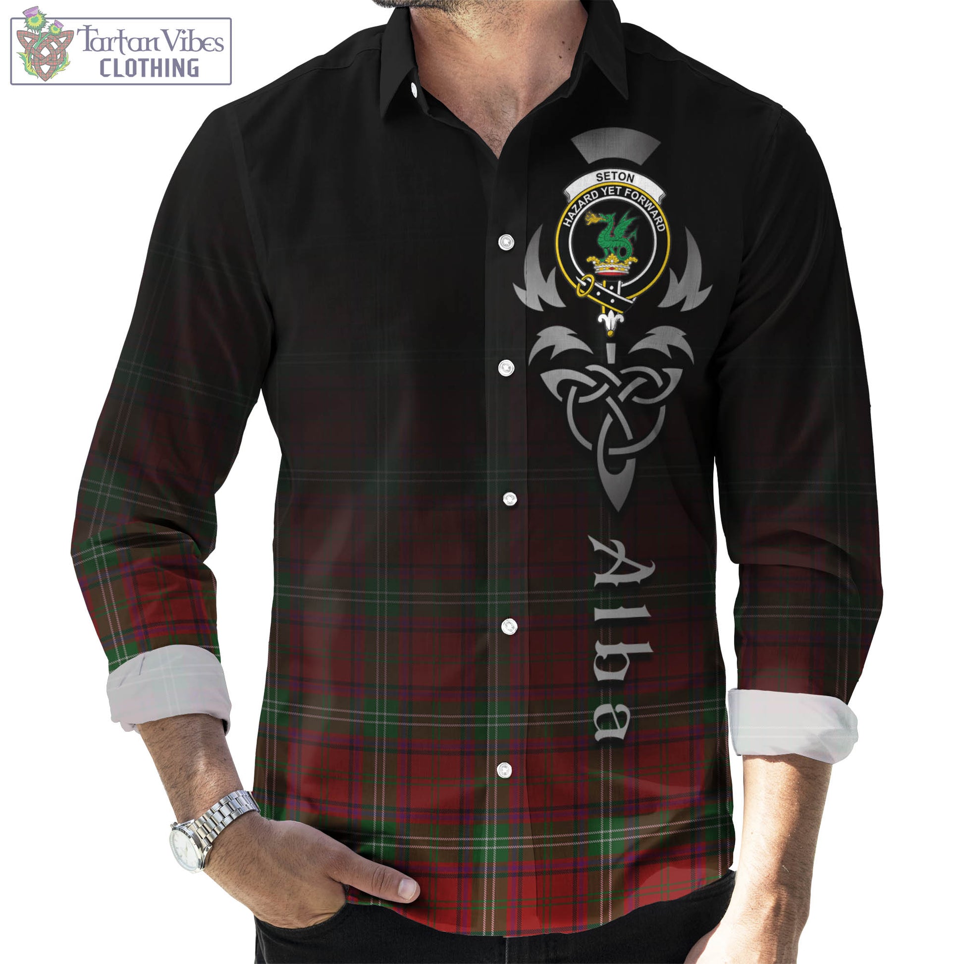 Seton Tartan Long Sleeve Button Up Featuring Alba Gu Brath Family Crest Celtic Inspired Men's Shirt - Tartan Vibes Clothing