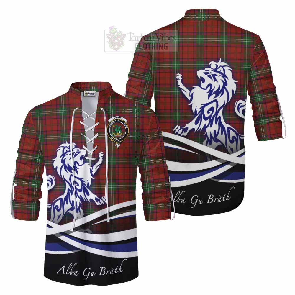 Seton Tartan Ghillie Kilt Shirt with Alba Gu Brath Regal Lion Emblem Men - Tartan Vibes Clothing