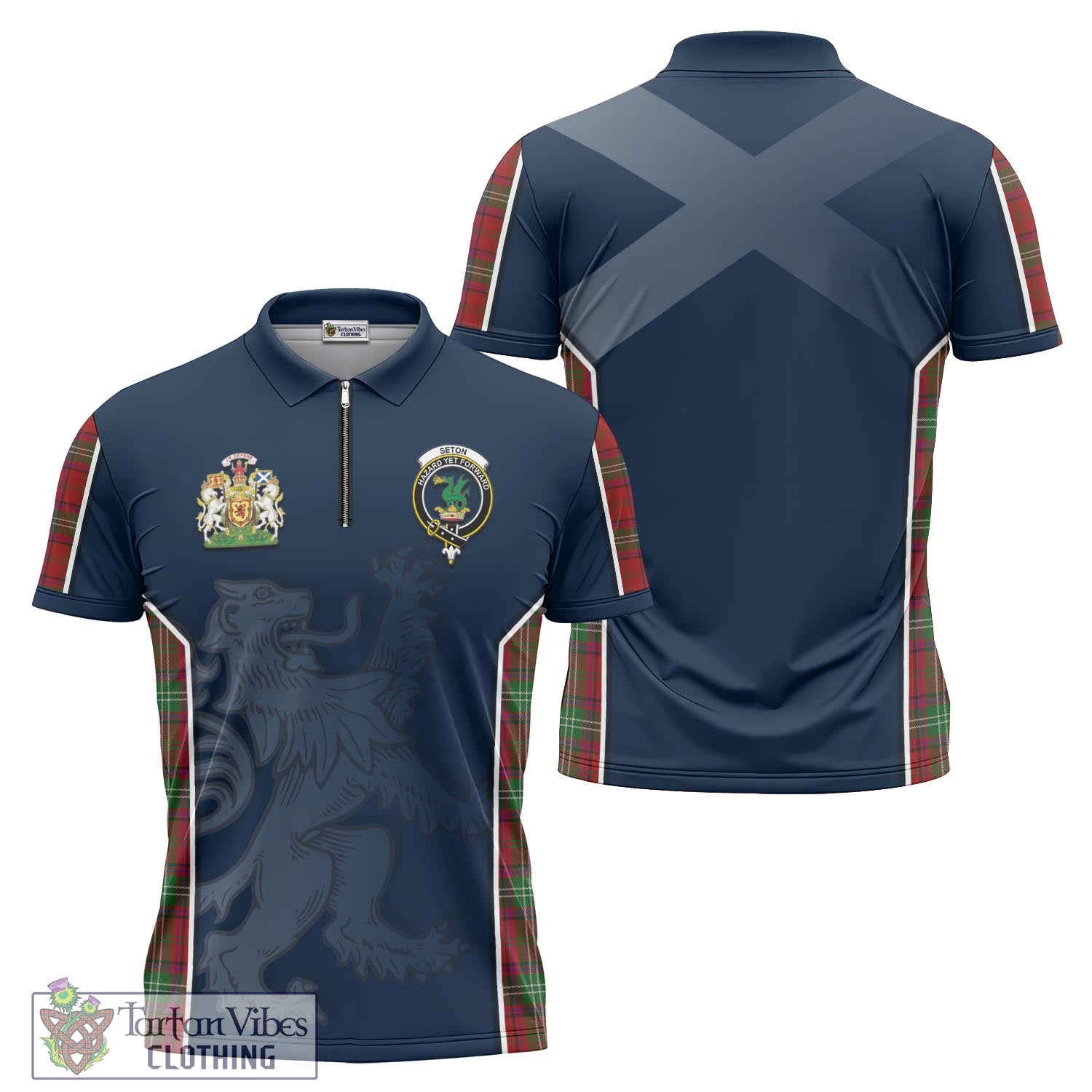 Tartan Vibes Clothing Seton Tartan Zipper Polo Shirt with Family Crest and Lion Rampant Vibes Sport Style