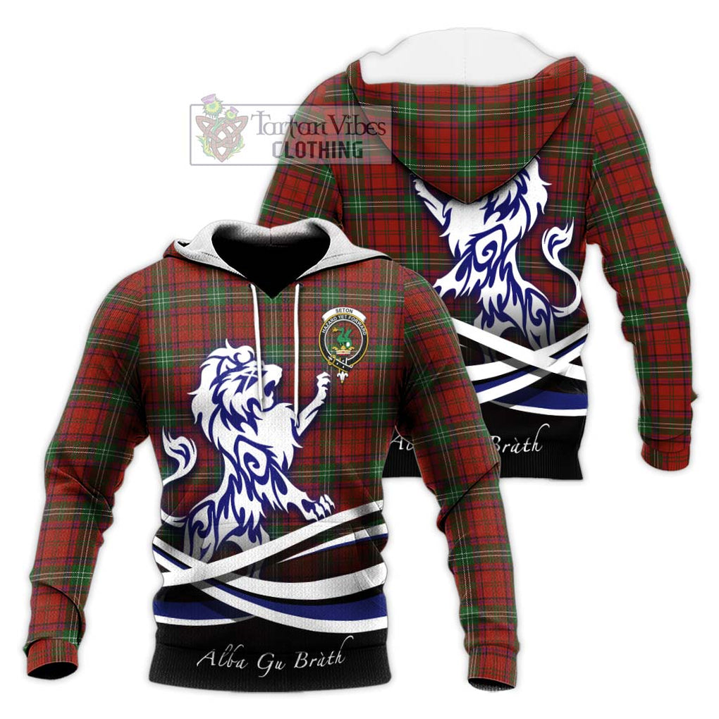 Seton Tartan Knitted Hoodie with Alba Gu Brath Regal Lion Emblem Unisex Knitted Pullover Hoodie - Tartan Vibes Clothing