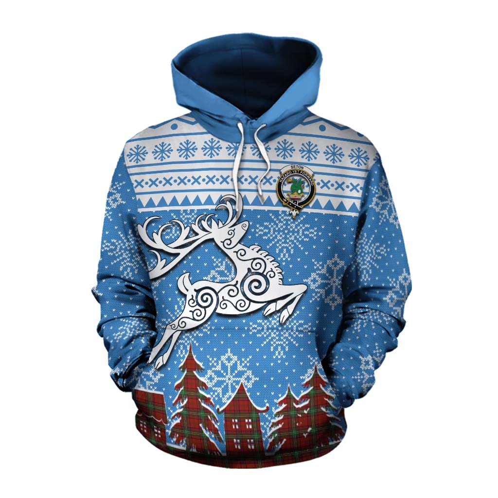 Seton Clan Christmas Cotton Hoodie Celtic Reindeer Style Pullover Hoodie XS - Tartan Vibes Clothing