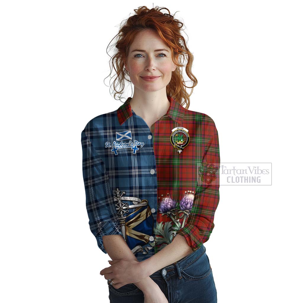 Seton Tartan Women's Casual Shirt Happy St. Andrew's Day Half Tartan Style Female - Tartan Vibes Clothing