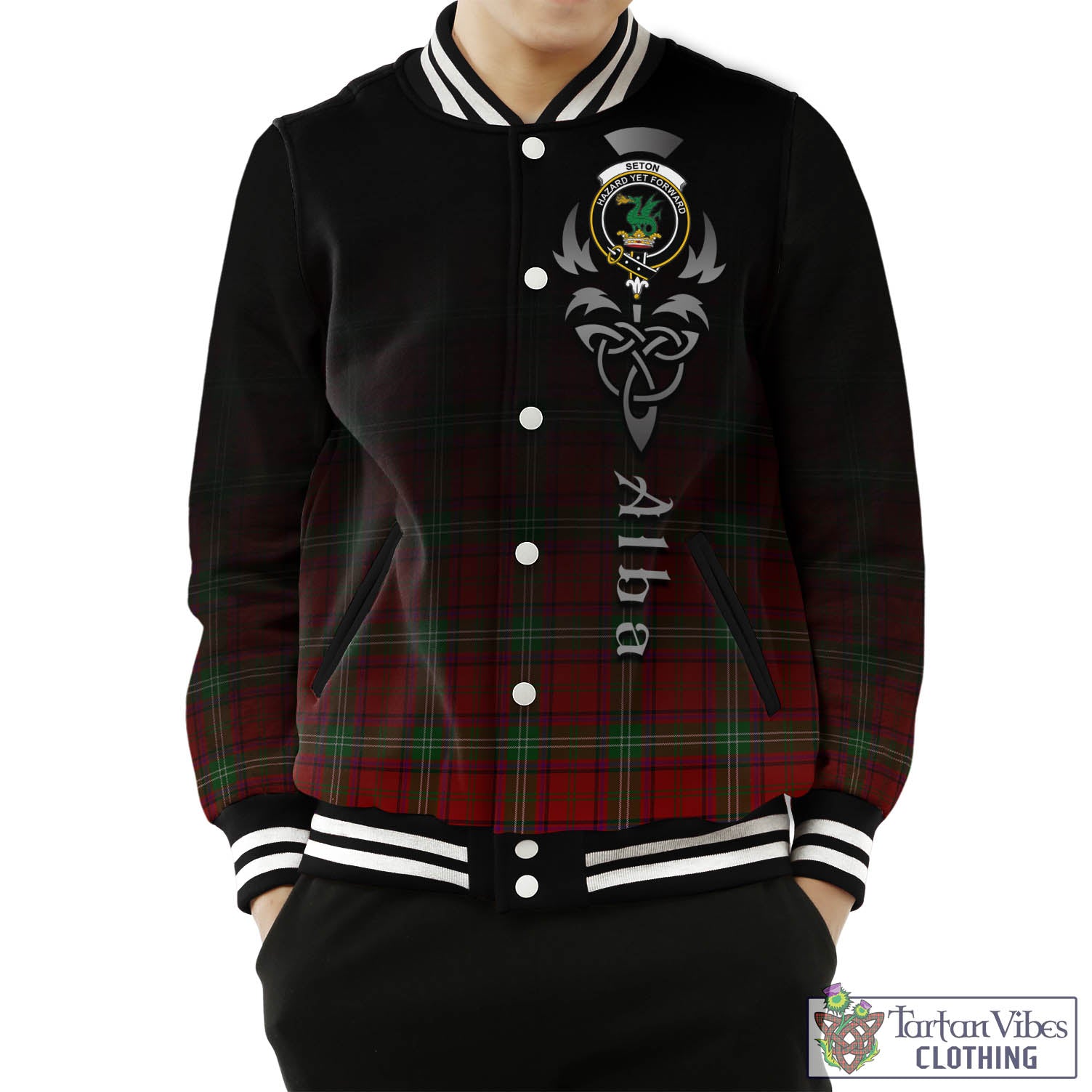 Seton Tartan Baseball Jacket Featuring Alba Gu Brath Family Crest Celtic Inspired Unisex - Tartan Vibes Clothing