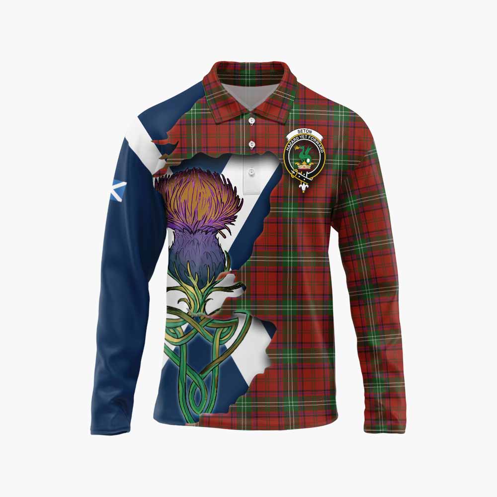 Tartan Vibes Clothing Seton Tartan Family Crest Long Sleeve Polo Shirt Scottish Thistle Celtic Inspired