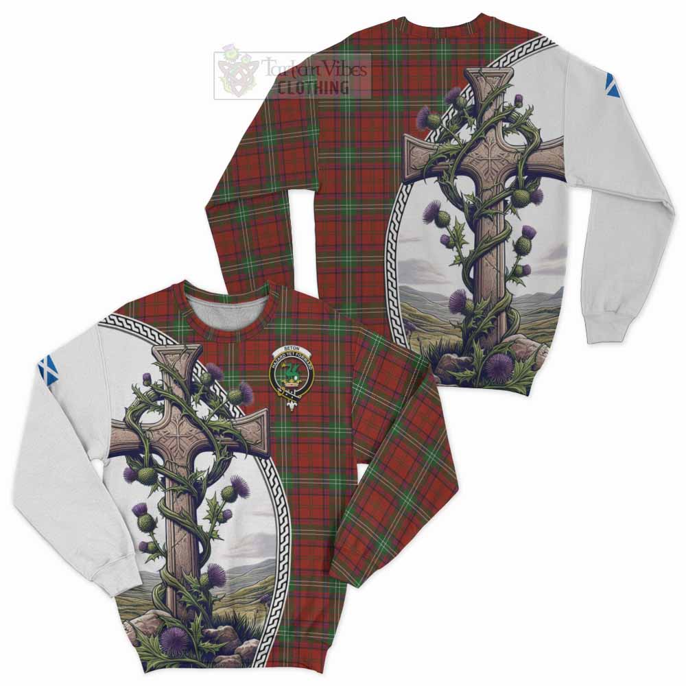 Seton Tartan Sweatshirt with Family Crest and St. Andrew's Cross Accented by Thistle Vines Unisex - Tartan Vibes Clothing