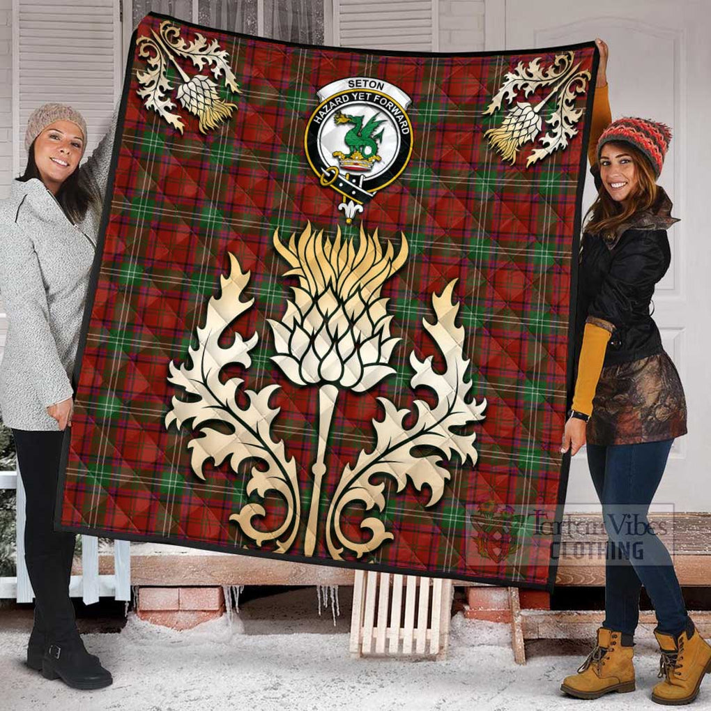Seton Tartan Quilt with Family Crest and Golden Thistle Style Super King Quilt 91" x 110" - Tartan Vibes Clothing