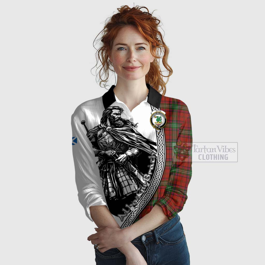 Seton Tartan Clan Crest Women's Casual Shirt with Highlander Warrior Celtic Style Female - Tartan Vibes Clothing