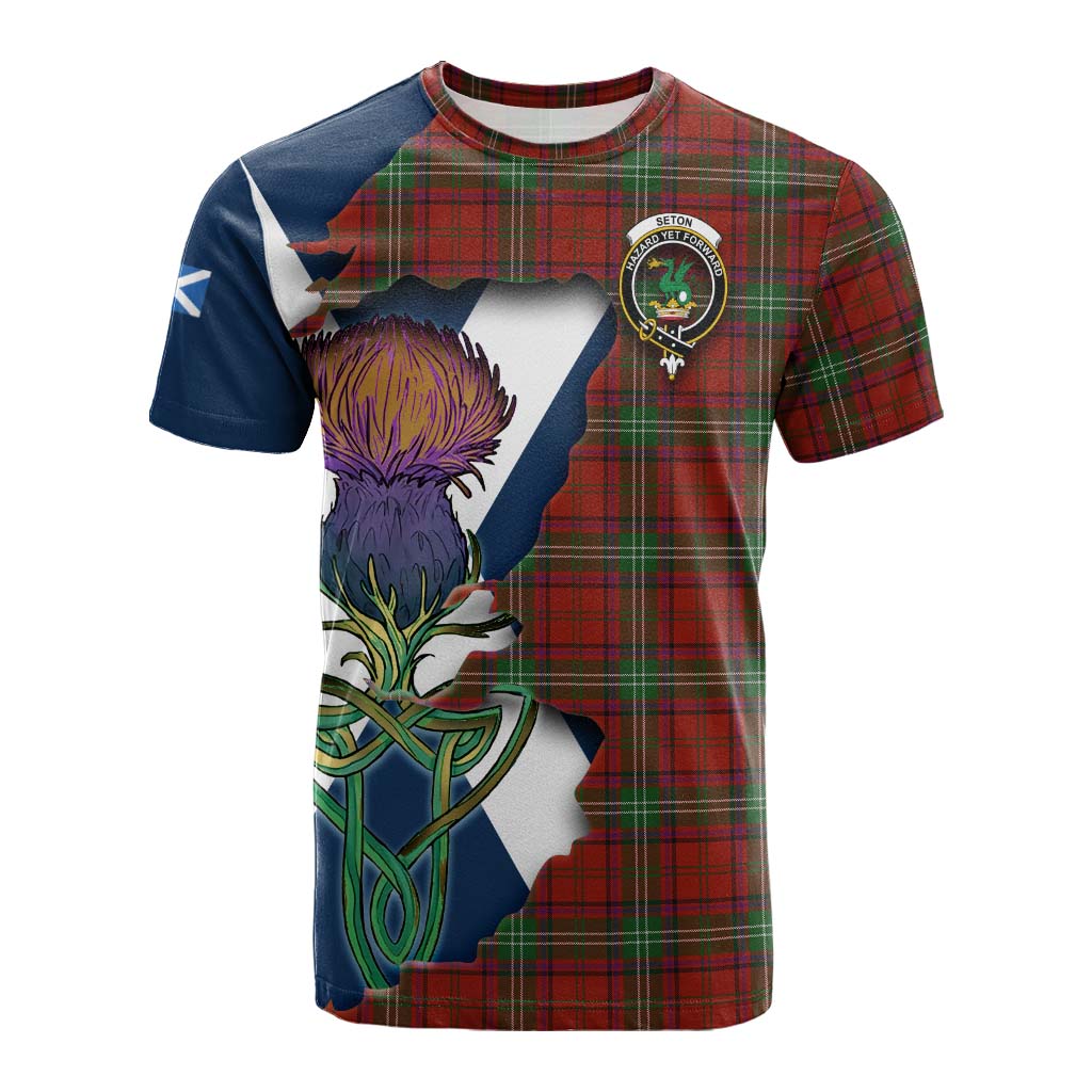 Tartan Vibes Clothing Seton Tartan Family Crest Cotton T-shirt Scottish Thistle Celtic Inspired