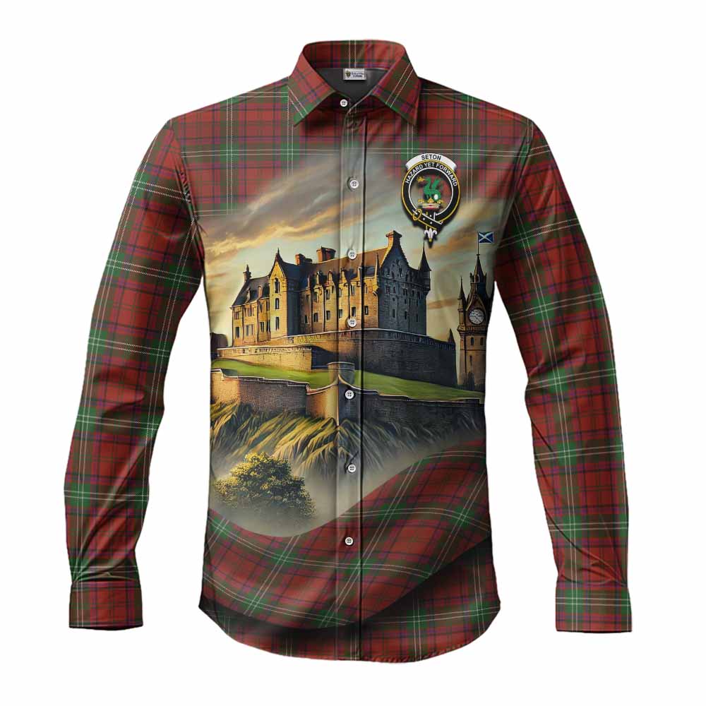 Tartan Vibes Clothing Seton Tartan Family Crest Long Sleeve Button Shirt with Scottish Ancient Castle Style