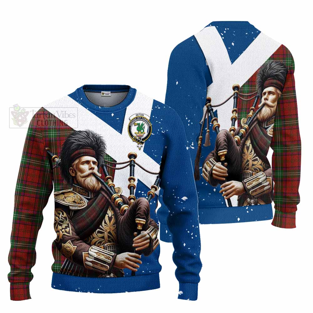 Seton Tartan Knitted Sweater with Family Crest Scottish Bagpiper Vibes Unisex - Tartan Vibes Clothing