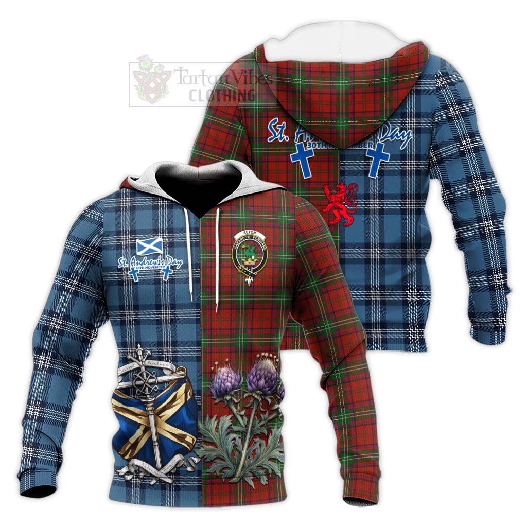 Seton Tartan Knitted Hoodie Happy St. Andrew's Day Half Tartan Style Unisex Knitted Pullover Hoodie - Tartan Vibes Clothing