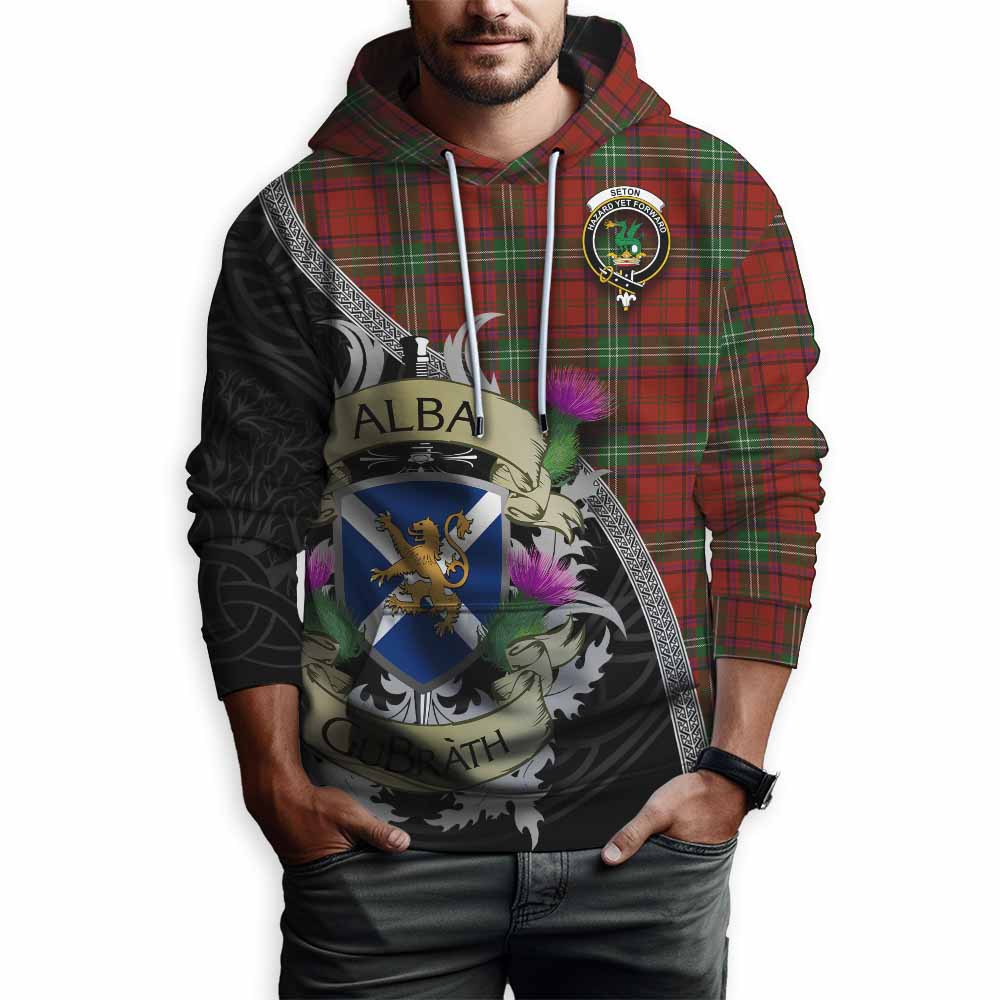 Seton Tartan Family Crest Hoodie Lion Rampant Royal Thistle Shield Celtic Inspired Pullover Hoodie - Tartan Vibes Clothing