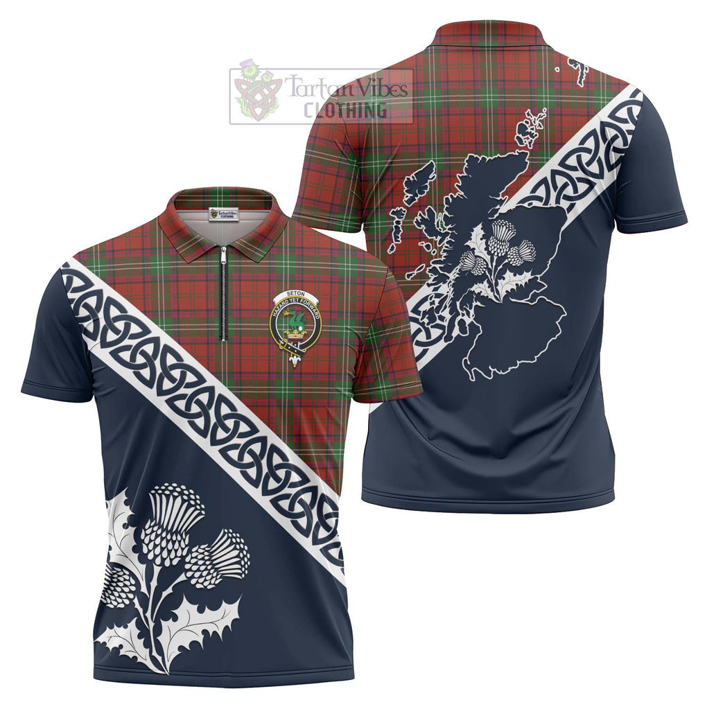 Seton Tartan Zipper Polo Shirt Featuring Thistle and Scotland Map Unisex - Tartanvibesclothing Store