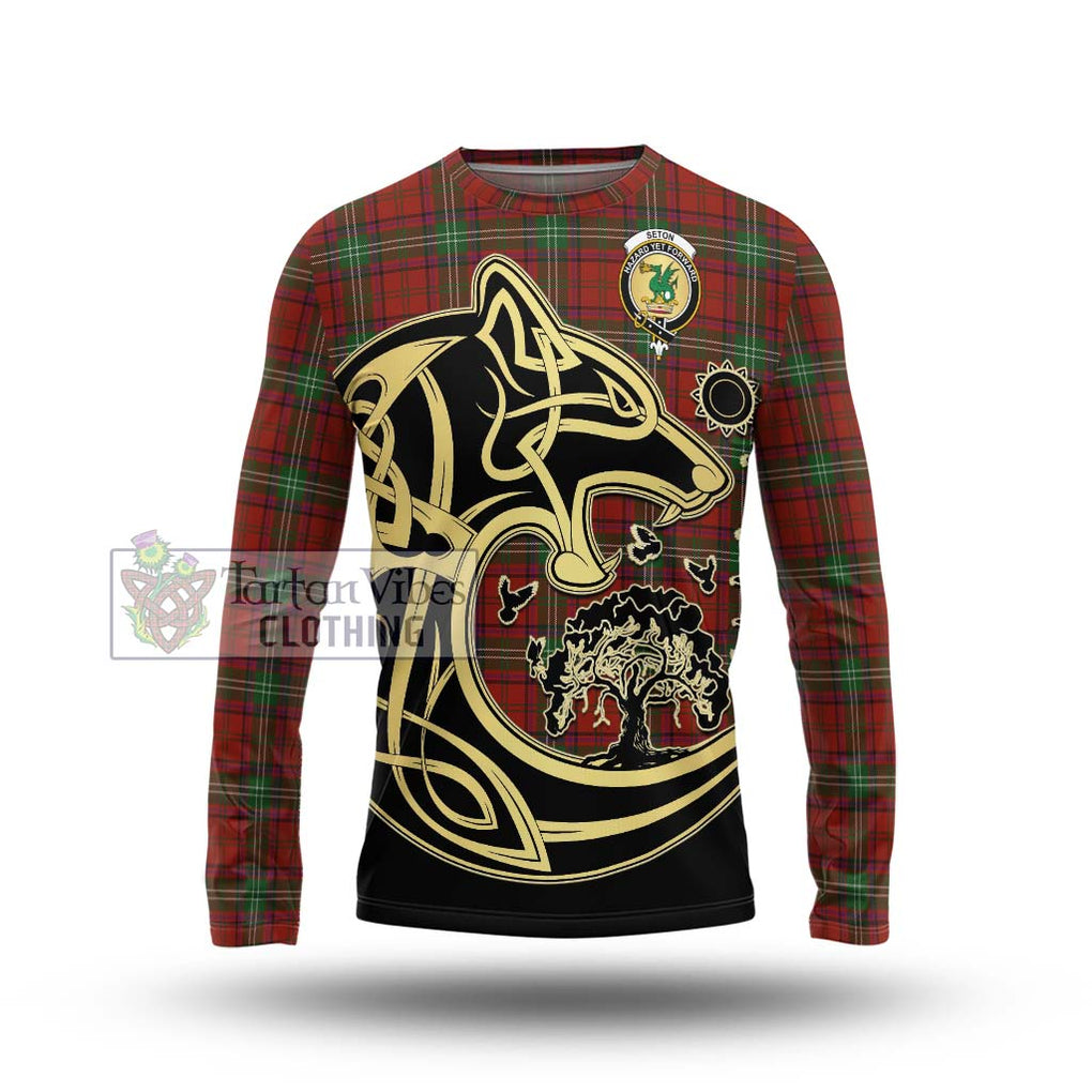 Seton Tartan Long Sleeve T-Shirt with Family Crest Celtic Wolf Style Unisex - Tartan Vibes Clothing