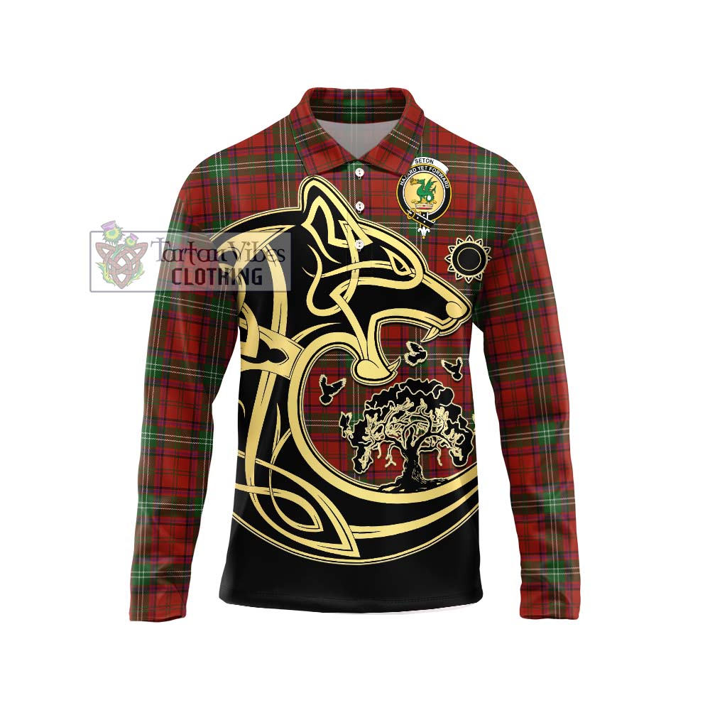 Seton Tartan Long Sleeve Polo Shirt with Family Crest Celtic Wolf Style Unisex - Tartanvibesclothing Shop