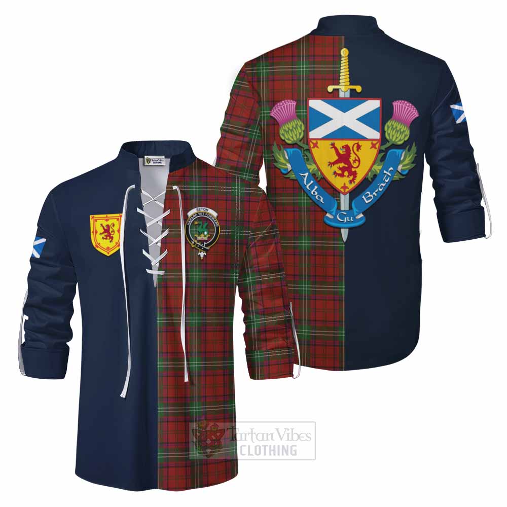 Seton Tartan Ghillie Kilt Shirt Alba with Scottish Lion Royal Arm Half Style Men - Tartan Vibes Clothing