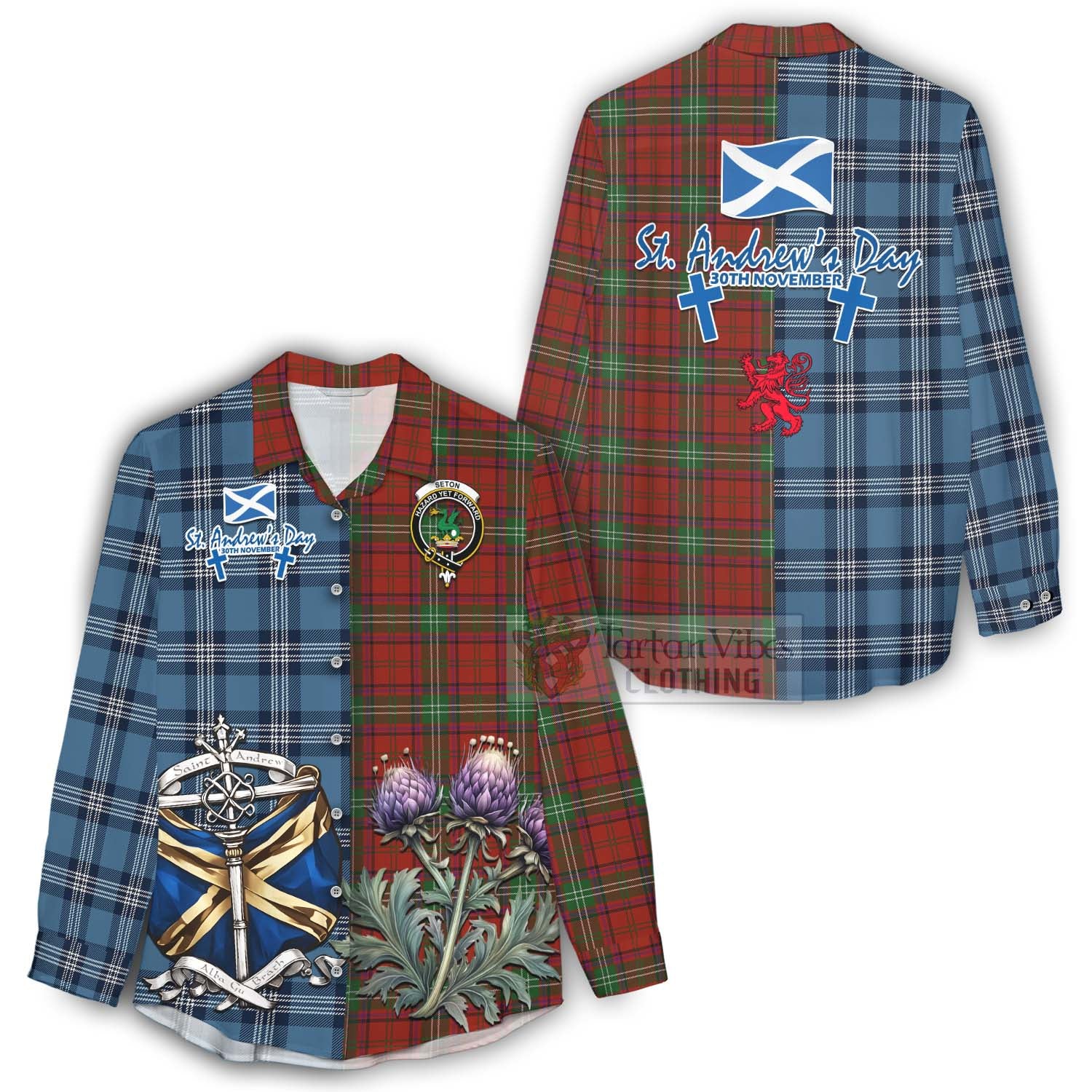 Seton Tartan Women's Casual Shirt Happy St. Andrew's Day Half Tartan Style - Tartan Vibes Clothing