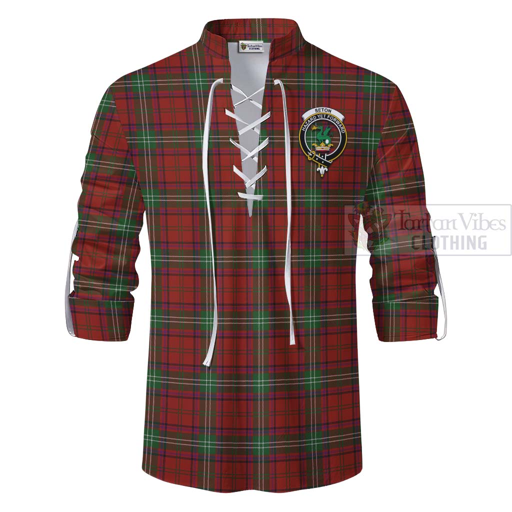 Seton Tartan Ghillie Kilt Shirt with Family Crest Celtic Skull Style - Tartan Vibes Clothing