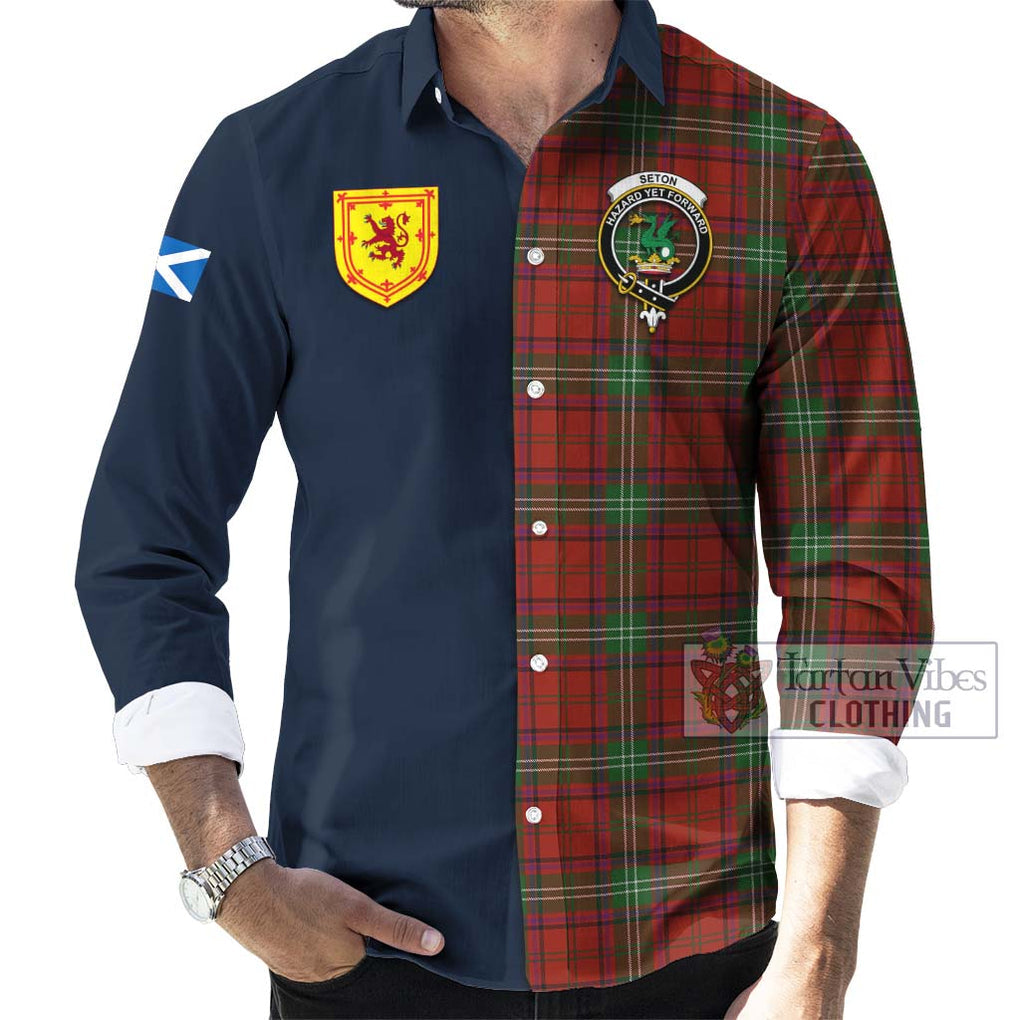 Seton Tartan Long Sleeve Button Shirt Alba with Scottish Lion Royal Arm Half Style Men's Shirt - Tartan Vibes Clothing