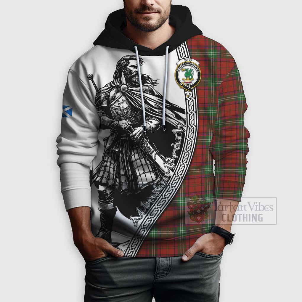 Seton Tartan Clan Crest Hoodie with Highlander Warrior Celtic Style - Tartan Vibes Clothing