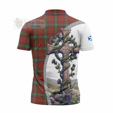 Seton Tartan Zipper Polo Shirt with Family Crest and St. Andrew's Cross Accented by Thistle Vines - Tartan Vibes Clothing