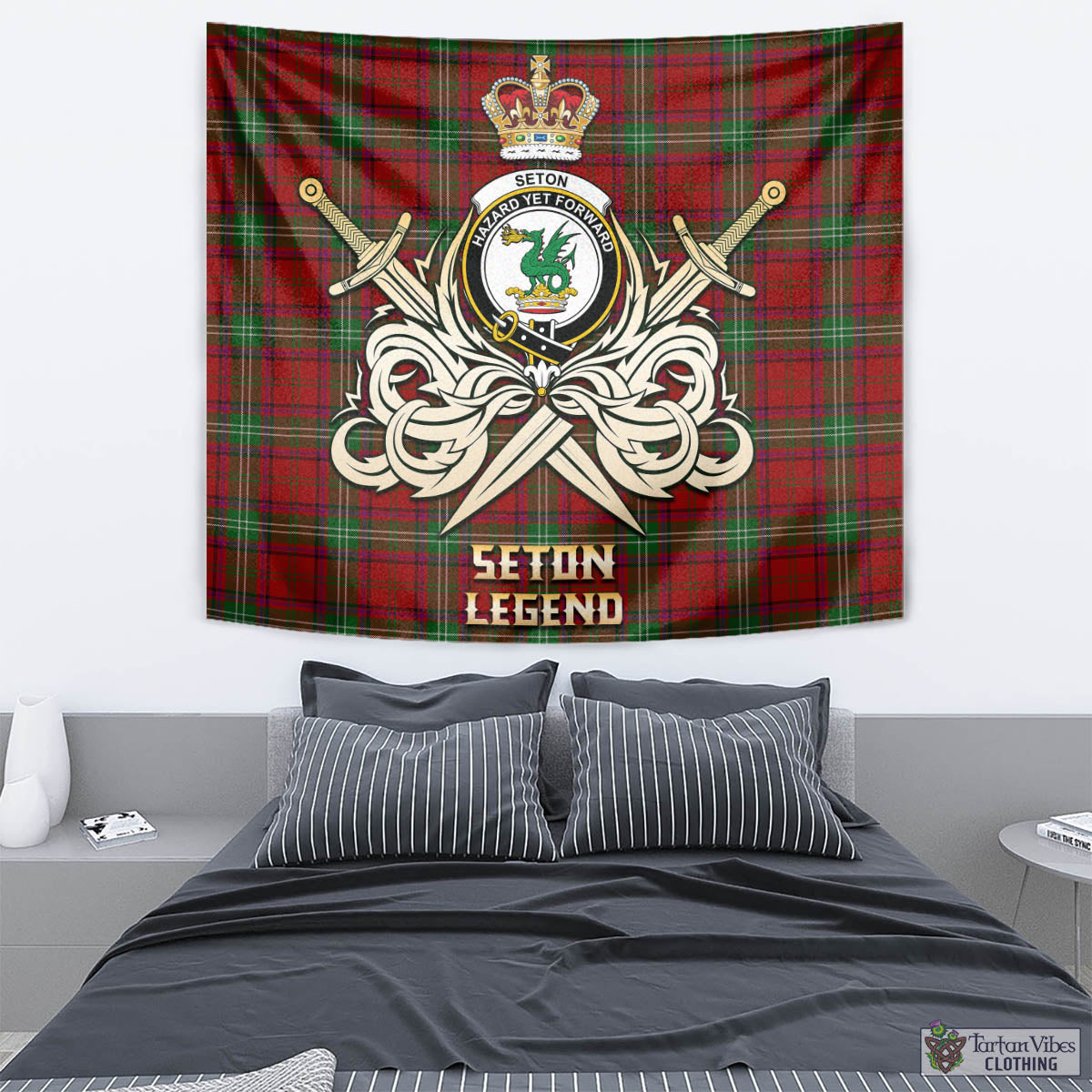 Tartan Vibes Clothing Seton Tartan Tapestry with Clan Crest and the Golden Sword of Courageous Legacy