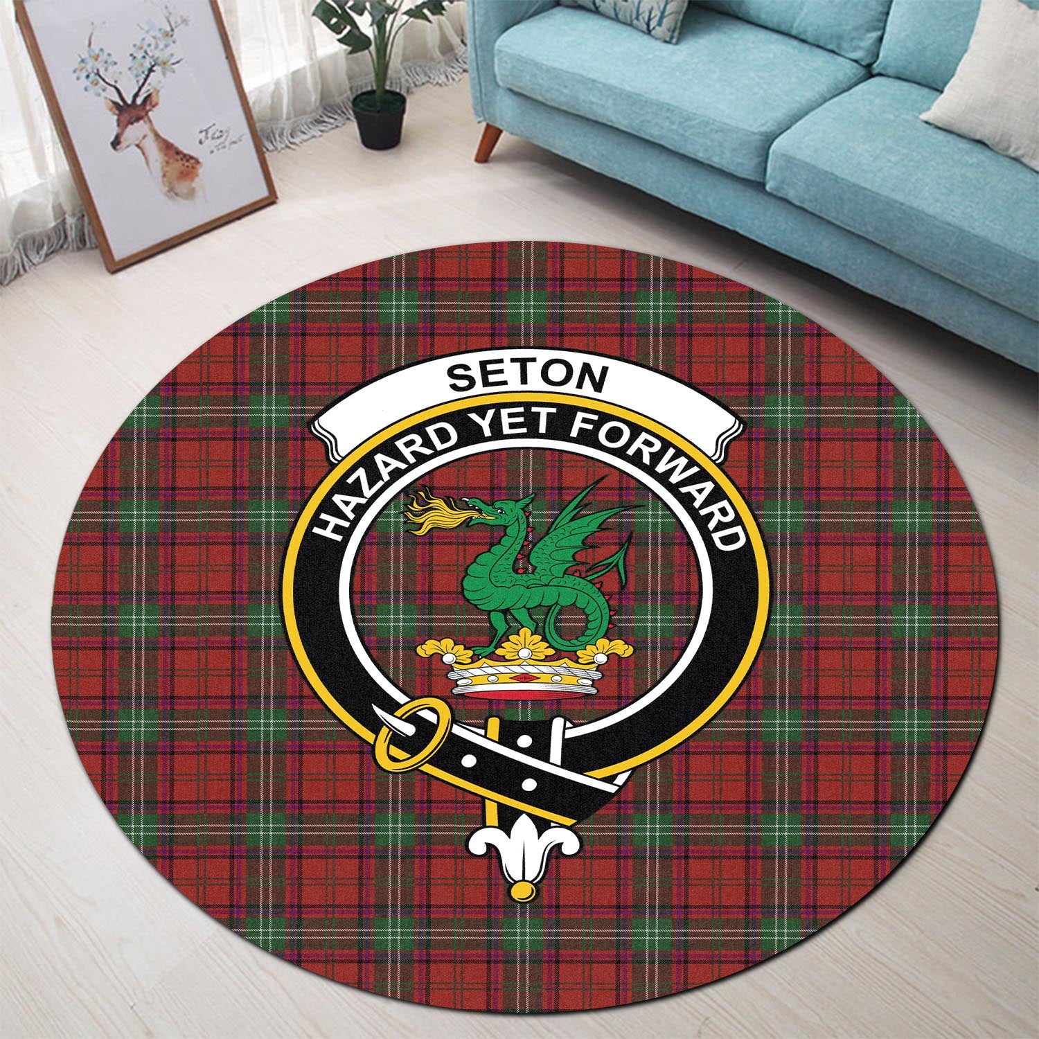 Seton Tartan Round Rug with Family Crest - Tartan Vibes Clothing