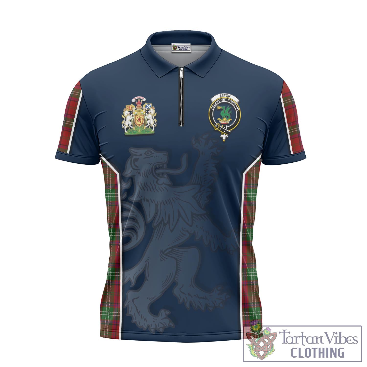Tartan Vibes Clothing Seton Tartan Zipper Polo Shirt with Family Crest and Lion Rampant Vibes Sport Style