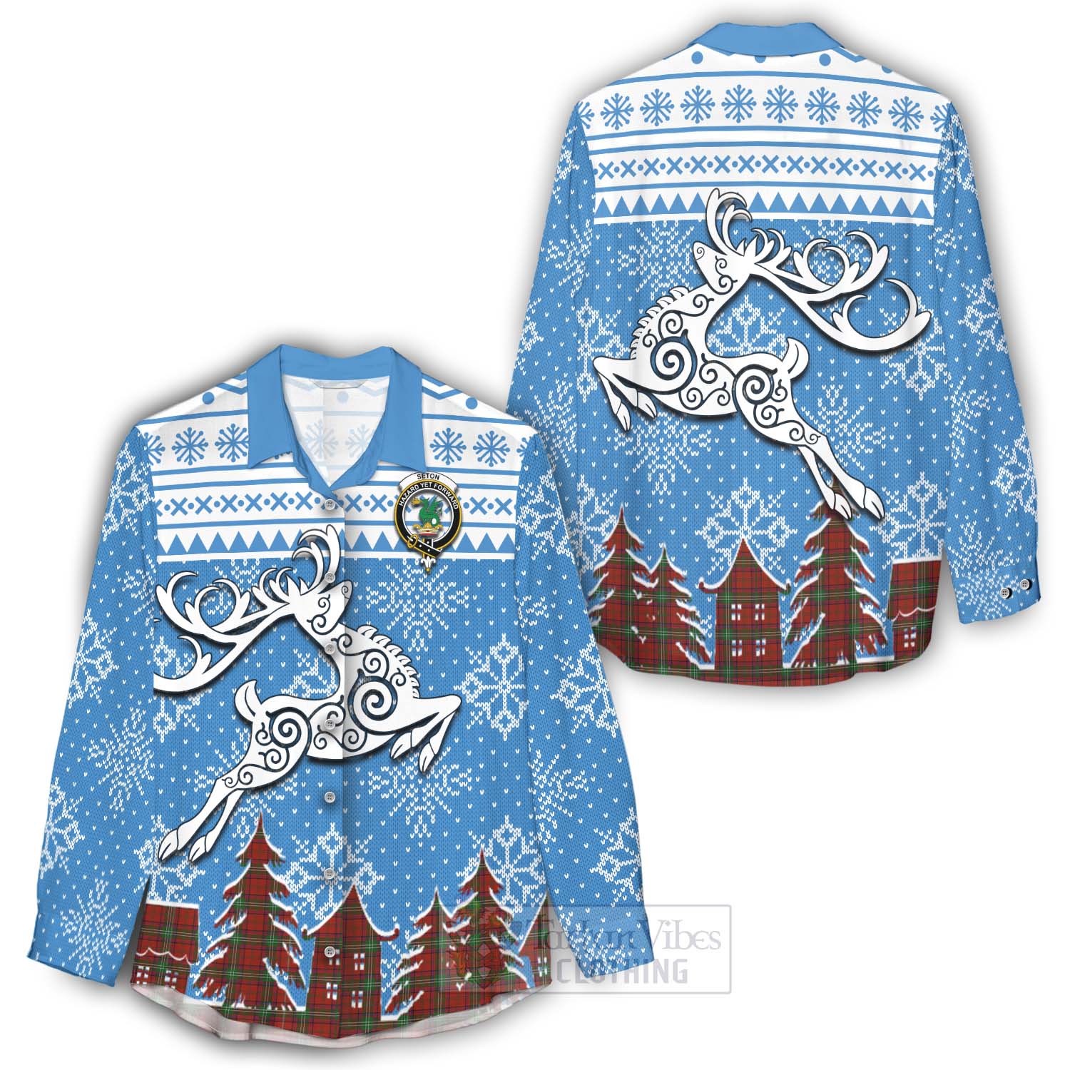 Seton Clan Christmas Women's Casual Shirt Celtic Reindeer Style - Tartan Vibes Clothing