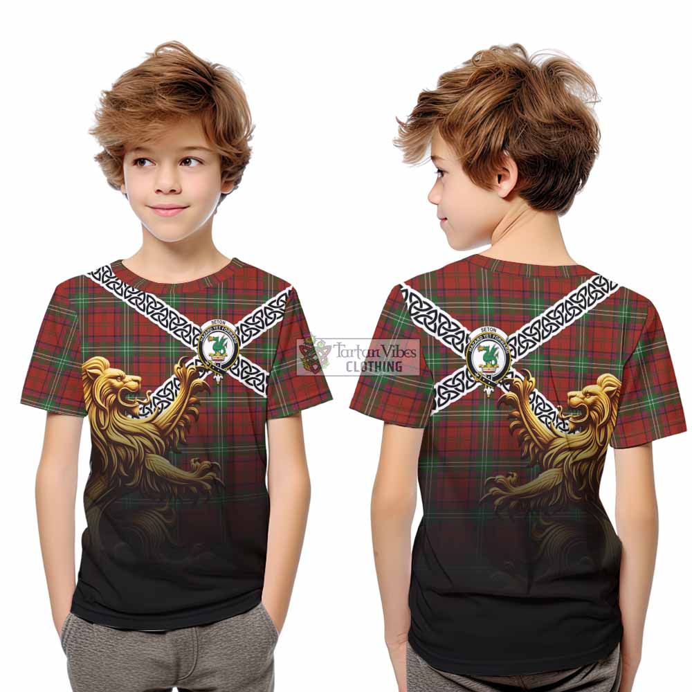 Seton Crest Tartan Kid T-Shirt with Golden Lion Emblem Celtic Style - Tartan Vibes Clothing