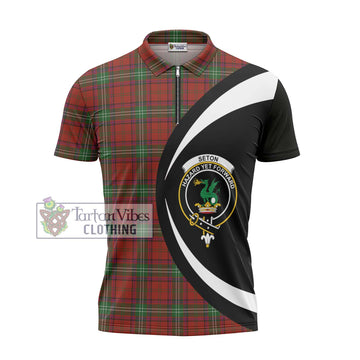 Seton Tartan Zipper Polo Shirt with Family Crest Circle Style - Tartan Vibes Clothing
