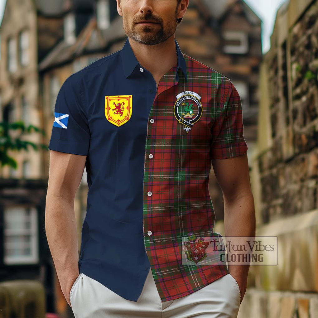 Seton Tartan Hawaiian Shirt Alba with Scottish Lion Royal Arm Half Style - Tartan Vibes Clothing