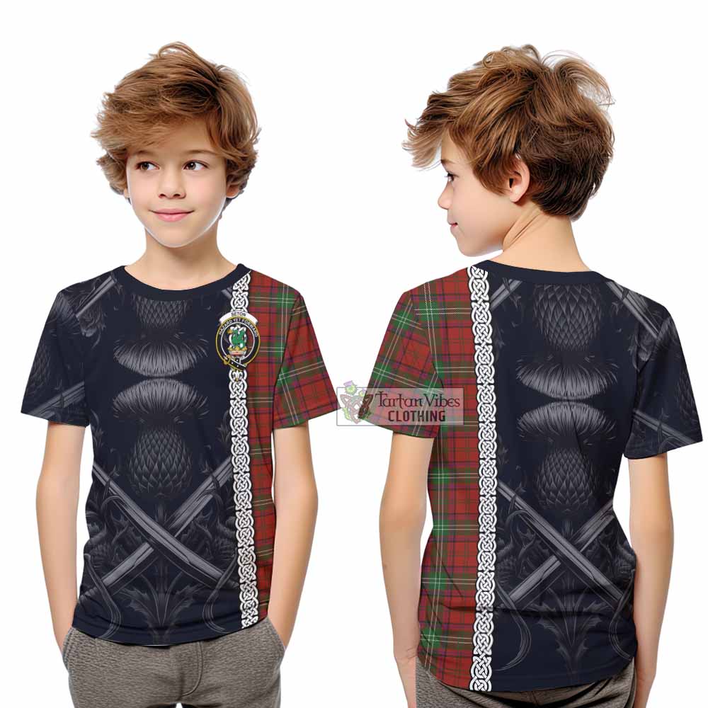 Seton Tartan Kid T-Shirt with Family Crest Cross Sword Thistle Celtic Vibes - Tartan Vibes Clothing