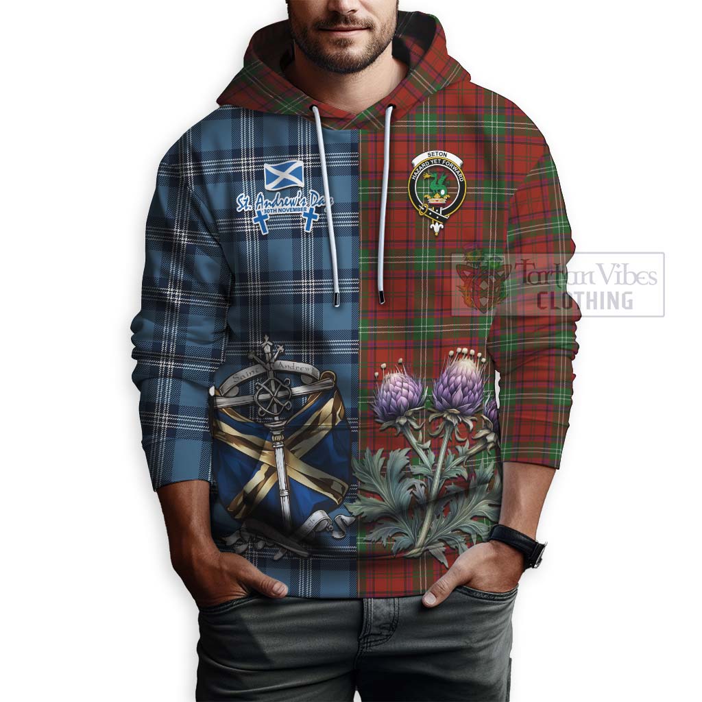 Seton Tartan Hoodie Happy St. Andrew's Day Half Tartan Style - Tartan Vibes Clothing