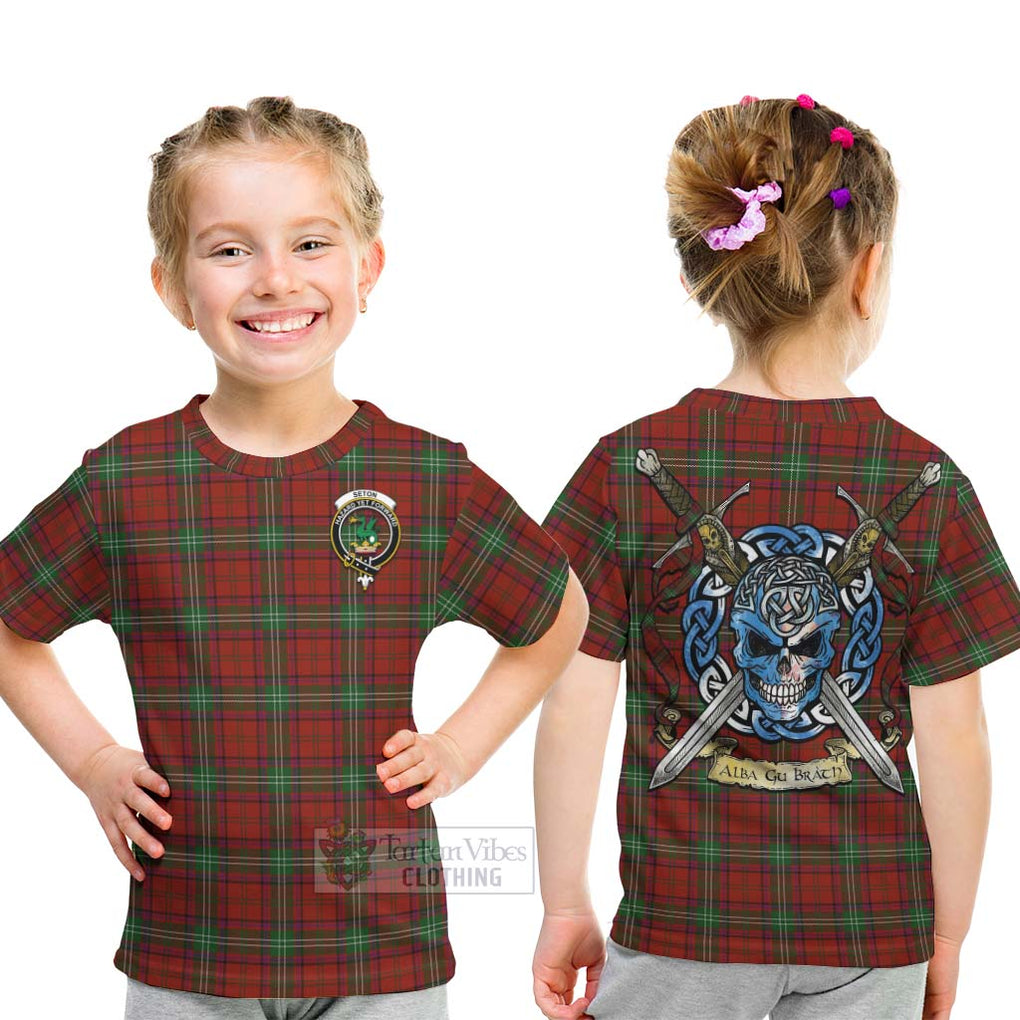 Seton Tartan Kid T-Shirt with Family Crest Celtic Skull Style - Tartan Vibes Clothing