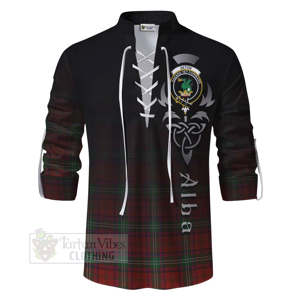 Tartan Vibes Clothing Seton Tartan Ghillie Kilt Shirt Featuring Alba Gu Brath Family Crest Celtic Inspired