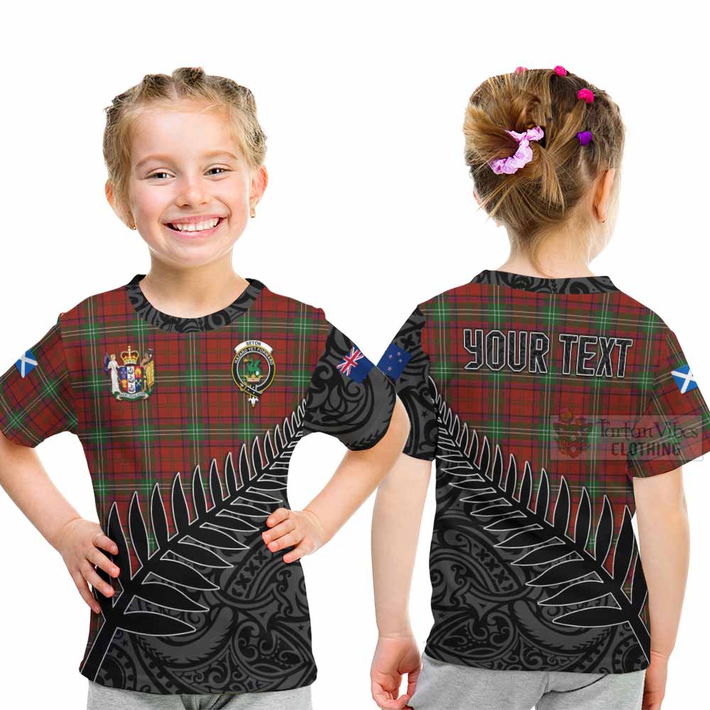Seton Crest Tartan Kid T-Shirt with New Zealand Silver Fern Half Style - Tartan Vibes Clothing