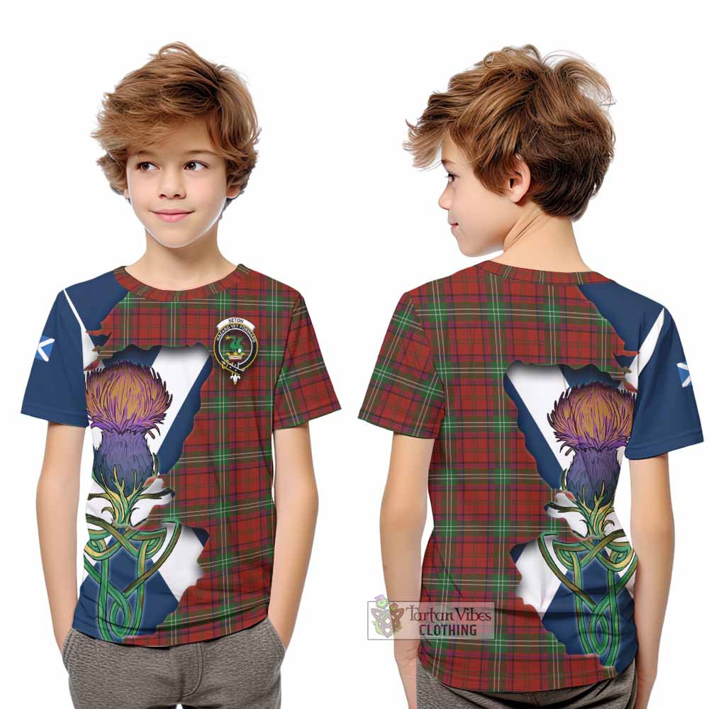 Tartan Vibes Clothing Seton Tartan Family Crest Kid T-Shirt Scottish Thistle Celtic Inspired