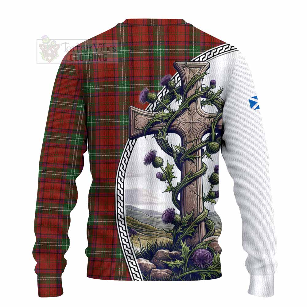 Seton Tartan Knitted Sweater with Family Crest and St. Andrew's Cross Accented by Thistle Vines - Tartan Vibes Clothing