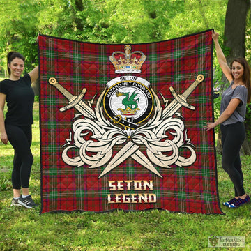 Seton Tartan Quilt with Clan Crest and the Golden Sword of Courageous Legacy - Tartan Vibes Clothing