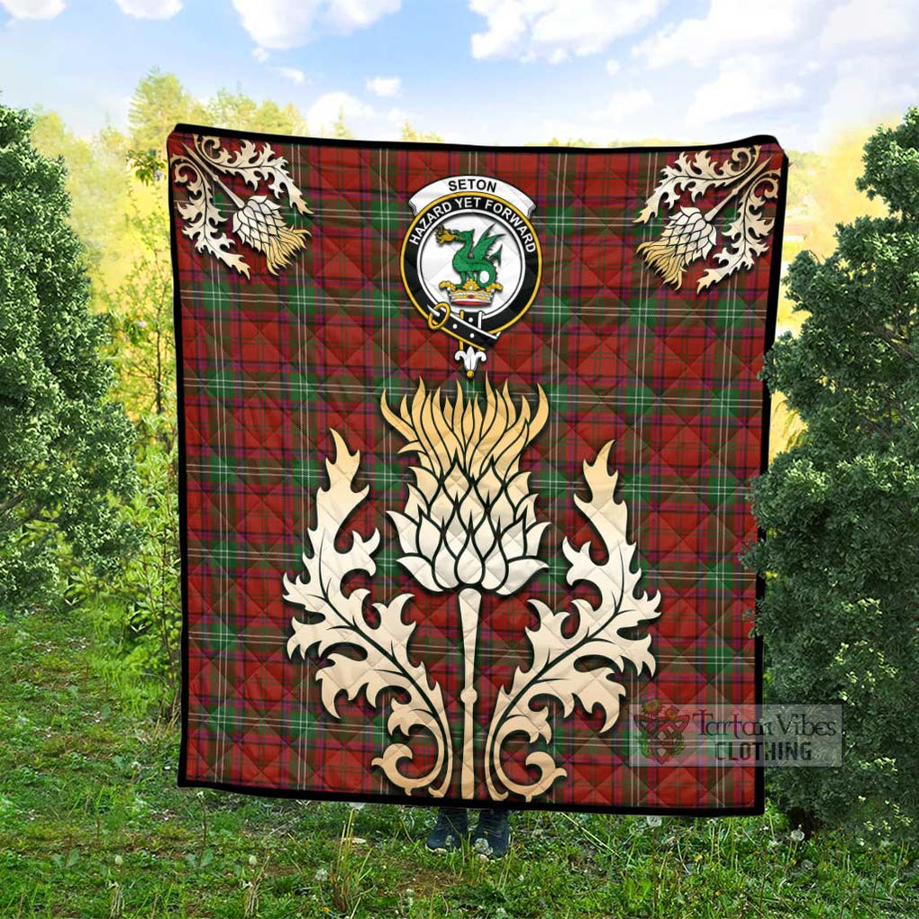 Seton Tartan Quilt with Family Crest and Golden Thistle Style - Tartan Vibes Clothing