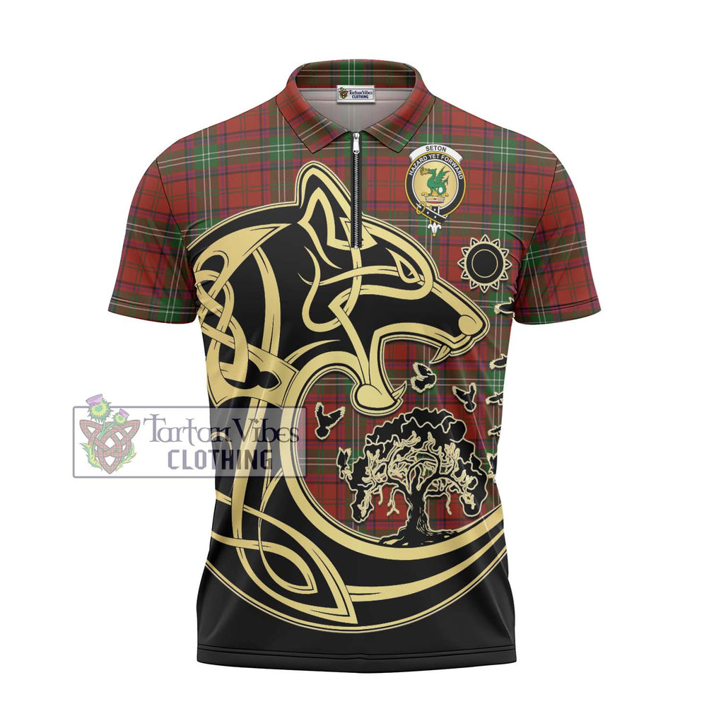 Seton Tartan Zipper Polo Shirt with Family Crest Celtic Wolf Style - Tartan Vibes Clothing