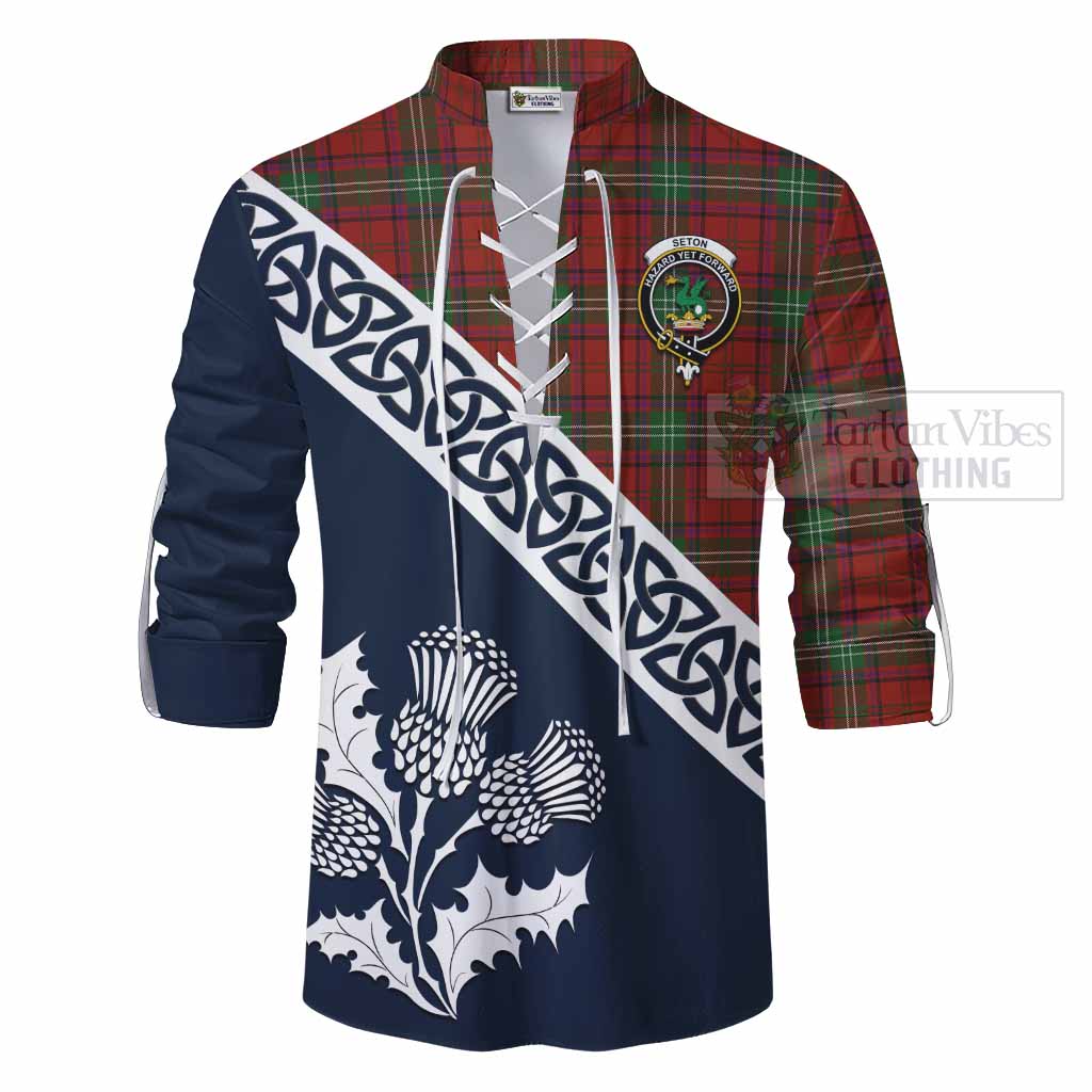 Seton Tartan Ghillie Kilt Shirt Featuring Thistle and Scotland Map - Tartan Vibes Clothing